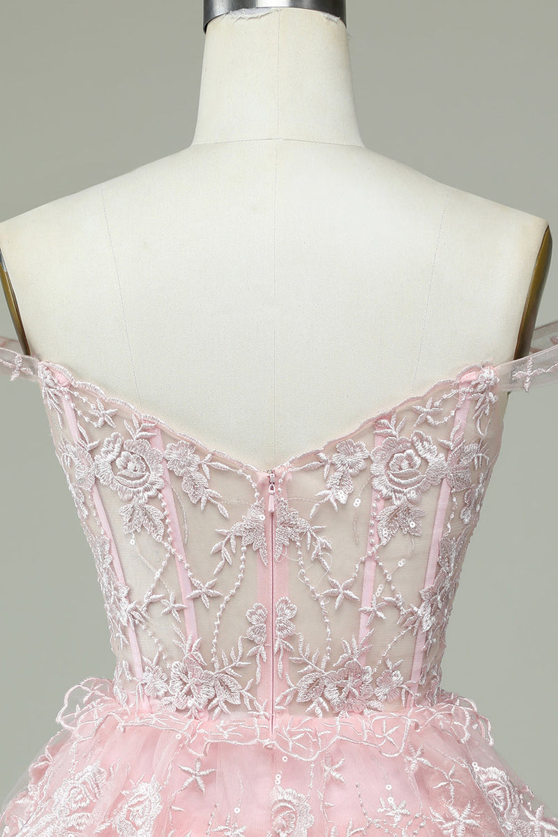 Load image into Gallery viewer, Cute A Line Off the Shoulder Pink Corset Graduation Dress with Lace