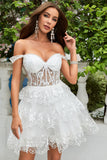 Princess A Line White Corset Tiered Short Graduation Dress with Lace