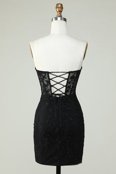 Bodycon Sweetheart Black Corset Cocktail Dress with Appliques