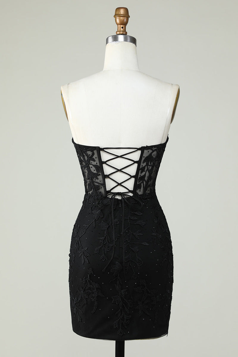 Load image into Gallery viewer, Bodycon Sweetheart Black Corset Cocktail Dress with Appliques