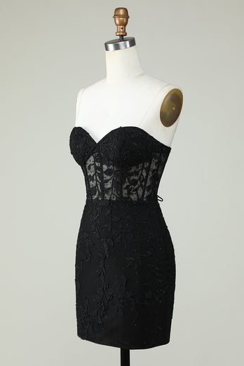 Bodycon Sweetheart Black Corset Cocktail Dress with Appliques