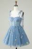 Load image into Gallery viewer, Cute A Line Spaghetti Straps Grey Blue Short Prom Dress with Appliques