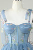 Load image into Gallery viewer, Cute A Line Spaghetti Straps Grey Blue Short Prom Dress with Appliques