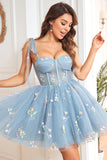 A Line Spaghetti Straps Grey Blue Short Prom Dress with Embroidery