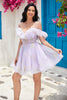 Load image into Gallery viewer, Cute A Line Lavender Off the Shoulder Corset Homecoming Dress with Ruffles