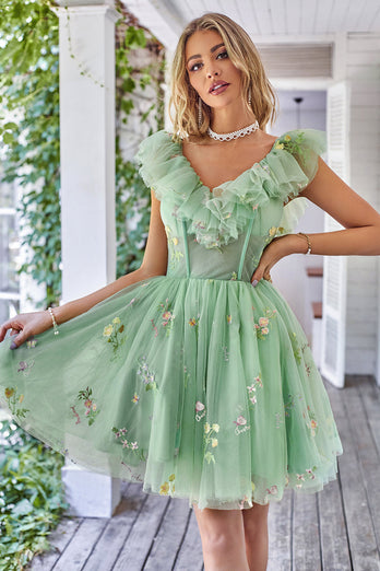 Off the Shoulder Ruffles Tulle Graduation Dress with Embroidery