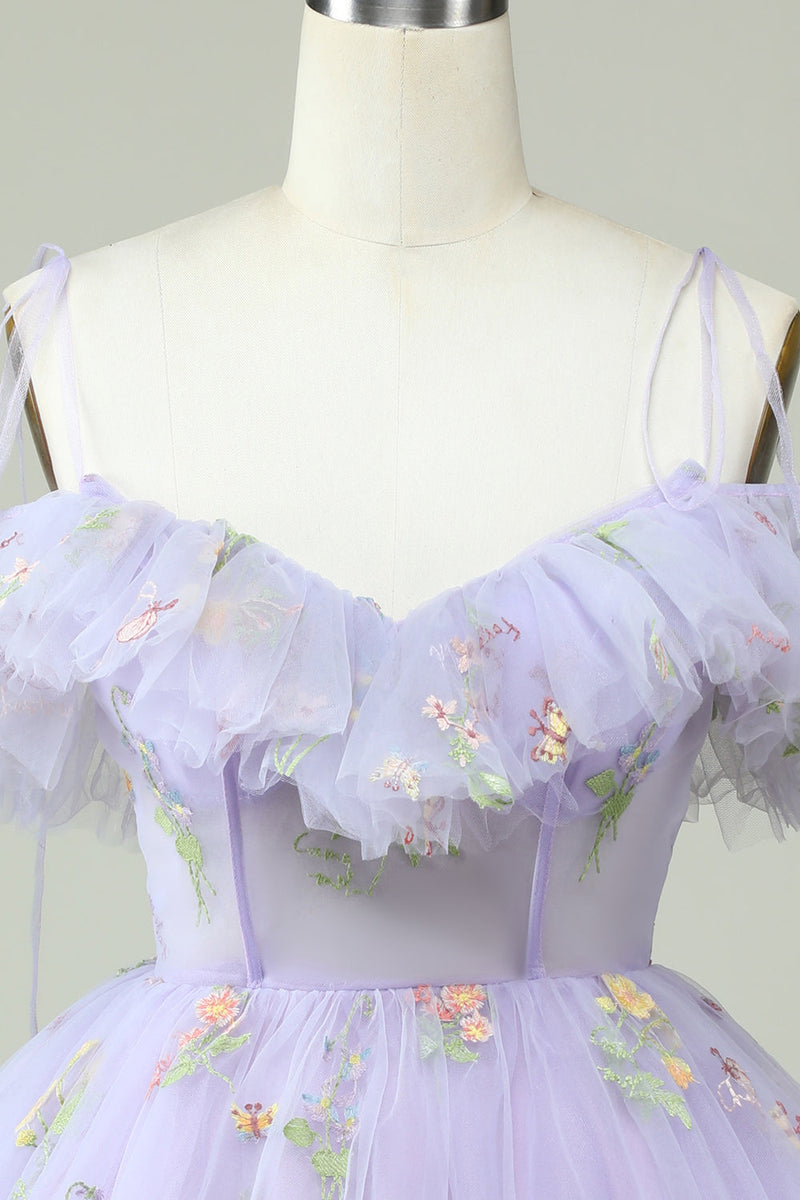 Load image into Gallery viewer, Lavender Off the Shoulder Corset Graduation Dress with Ruffles