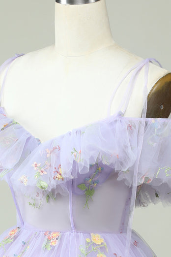 Lavender Off the Shoulder Corset Graduation Dress with Ruffles