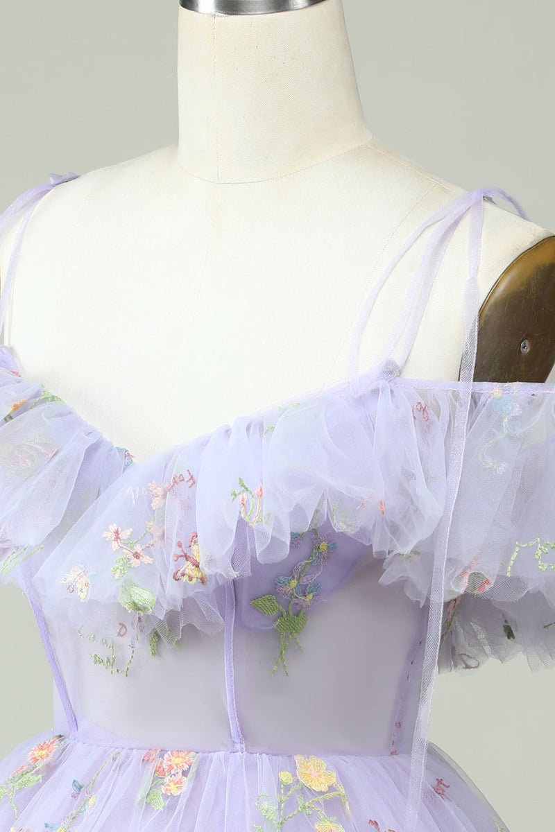 Load image into Gallery viewer, Lavender Off the Shoulder Corset Graduation Dress with Ruffles