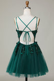 Stylish A Line Spaghetti Straps Dark Green Short Homecoming Dress with Appliques Beading