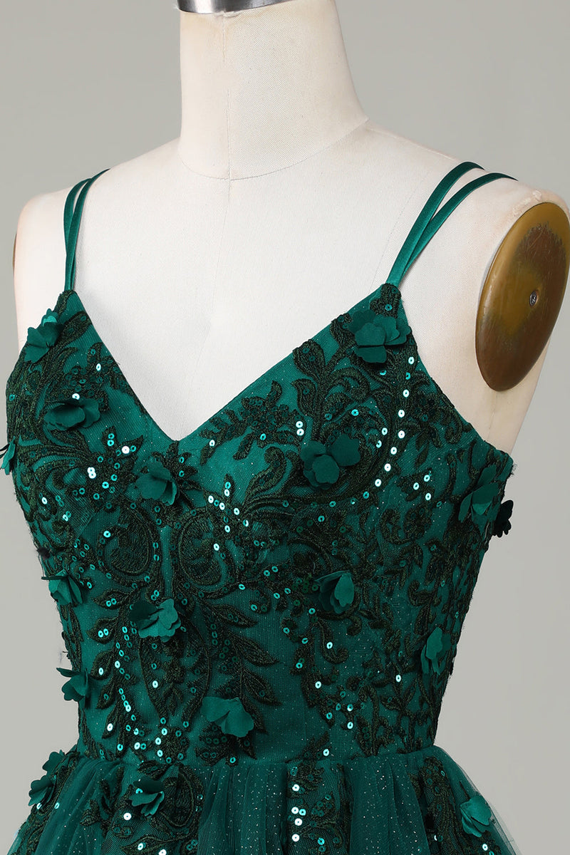 Load image into Gallery viewer, Stylish A Line Spaghetti Straps Dark Green Short Homecoming Dress with Appliques Beading