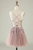 Load image into Gallery viewer, A Line Spaghetti Straps Blush Short Prom Dress with Appliques