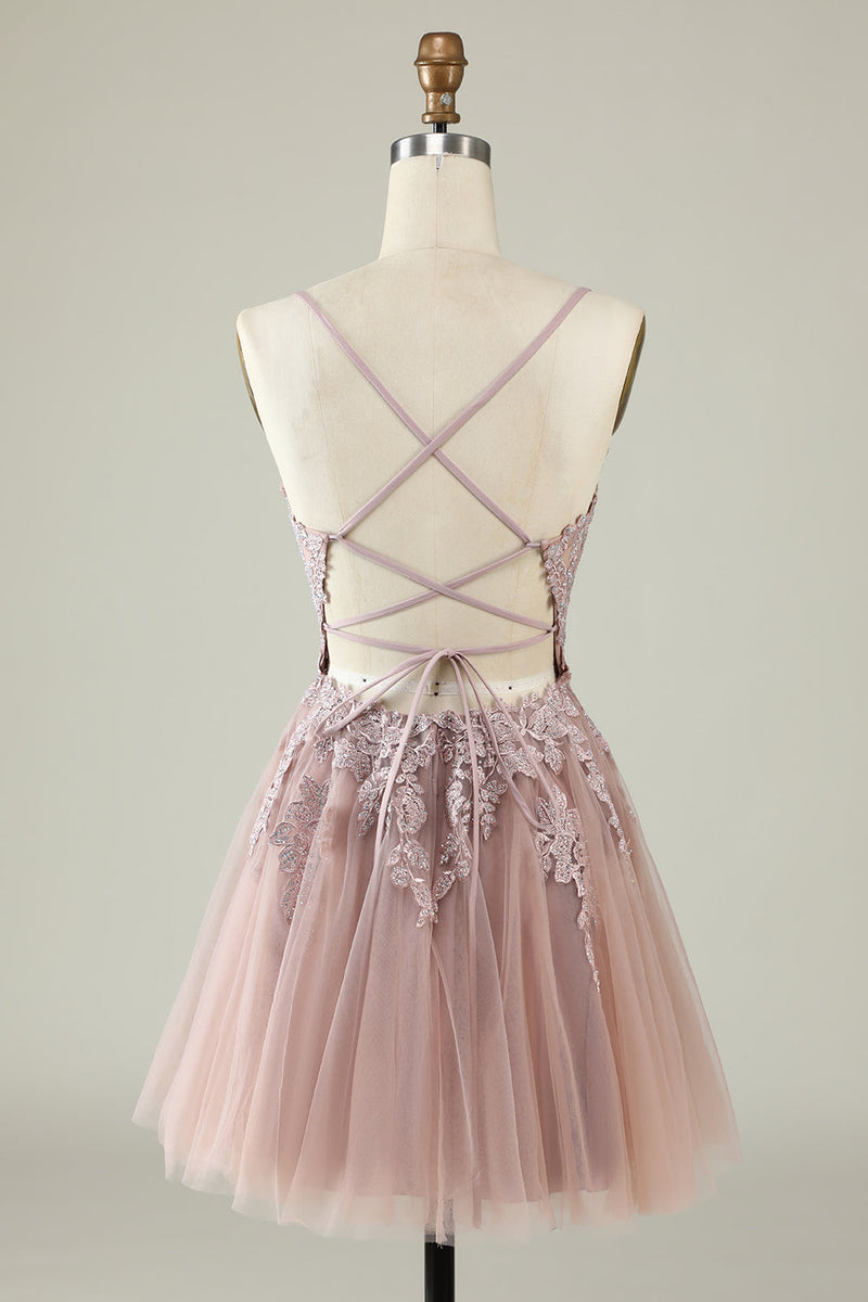 Load image into Gallery viewer, A Line Spaghetti Straps Blush Short Homecoming Dress with Criss Cross Back