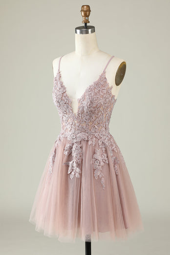 A Line Spaghetti Straps Blush Short Prom Dress with Appliques