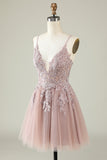 A Line Spaghetti Straps Blush Short Prom Dress with Appliques