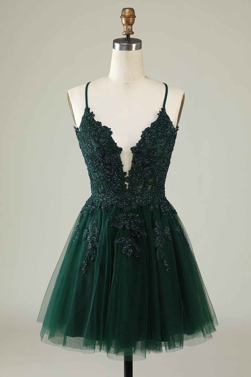 Load image into Gallery viewer, A Line Spaghetti Straps Dark Green Short Prom Dress with Appliques