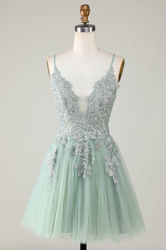 Stylish A Line Spaghetti Straps Green Short Prom Dress with Appliques