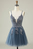 Load image into Gallery viewer, A Line Spaghetti Straps Blush Short Prom Dress with Appliques