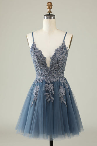 A Line Spaghetti Straps Grey Blue Short Prom Dress with Appliques