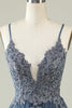 Load image into Gallery viewer, A Line Spaghetti Straps Grey Blue Short Prom Dress with Appliques