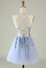 Load image into Gallery viewer, A Line Spaghetti Straps Grey Blue Short Prom Dress with Appliques