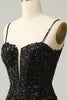 Load image into Gallery viewer, Sheath Spaghetti Straps Black Sequins Short Prom Dress with Criss Cross Back