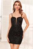 Bodycon Spaghetti Straps Black Sequins Graduation Dress with Criss Cross Back