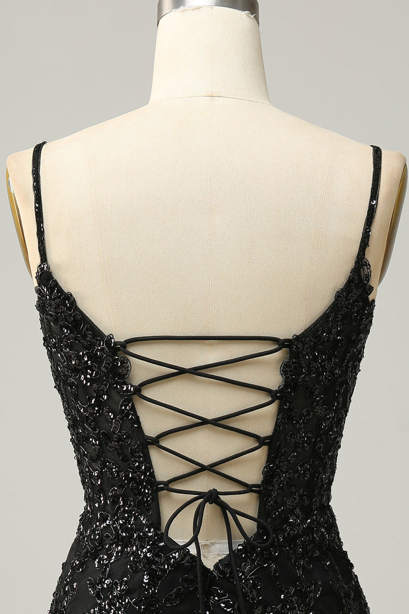 Load image into Gallery viewer, Sheath Spaghetti Straps Black Sequins Short Prom Dress with Criss Cross Back