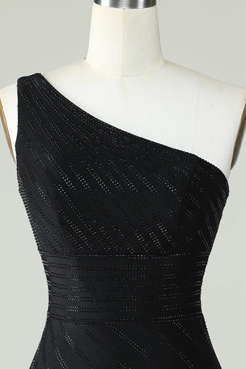 Sheath One Shoulder Black Cocktail Dress with Beading