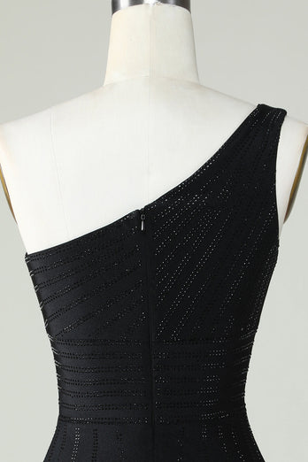 Sheath One Shoulder Black Cocktail Dress with Beading