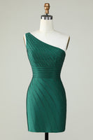 Load image into Gallery viewer, Sheath One Shoulder Dark Green Short Party Dress with Beading