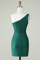 Load image into Gallery viewer, Sheath One Shoulder Dark Green Short Party Dress with Beading