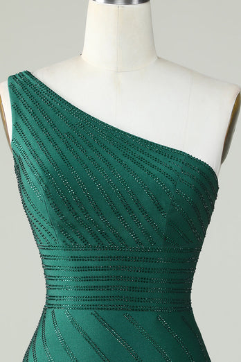 Sheath One Shoulder Dark Green Short Party Dress with Beading