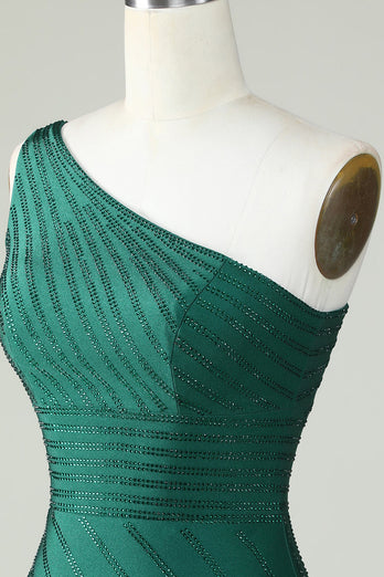 Sheath One Shoulder Dark Green Short Party Dress with Beading