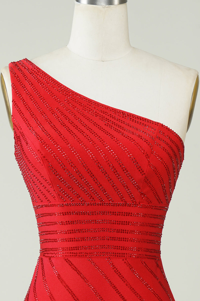 Load image into Gallery viewer, Sparkly One Shoulder Red Short Homecoming Dress with Beading