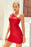 Bodycon One Shoulder Red Graduation Dress with Beading