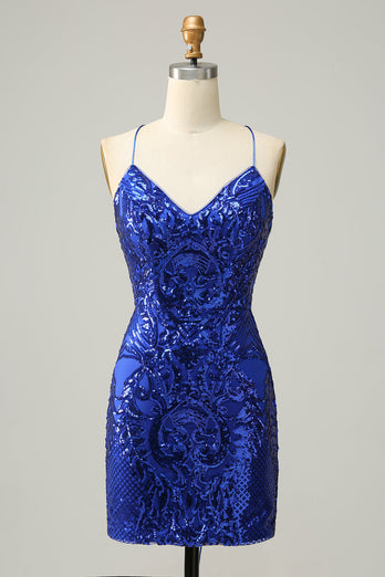 Sheath Spaghetti Straps Royal Blue Sequins Short Prom Dress