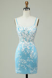 Sheath Spaghetti Straps Light Blue Graduation Dress with Appliques