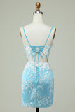 Sheath Spaghetti Straps Light Blue Graduation Dress with Appliques