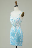 Sheath Spaghetti Straps Light Blue Graduation Dress with Appliques