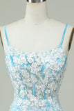 Sheath Spaghetti Straps Light Blue Graduation Dress with Appliques