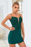 Bodycon Spaghetti Straps Dark Green Graduation Dress with Beading