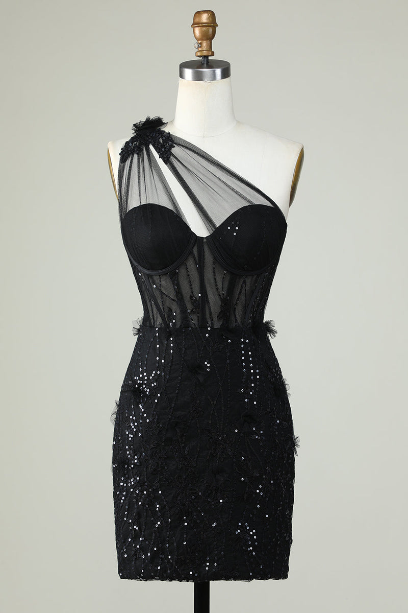 Load image into Gallery viewer, Bodycon One Shoulder Black Corset Homecoming Dress with Appliques