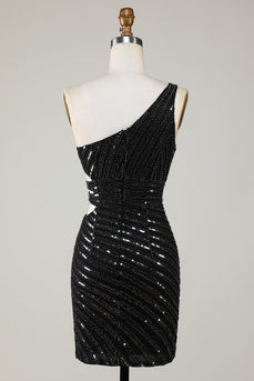 Sparkly Bodycon One Shoulder Black Sequins Short Prom Dress with Cut Out