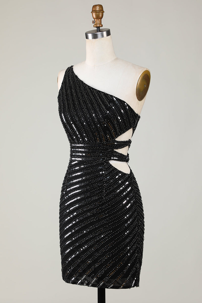 Load image into Gallery viewer, Sparkly Bodycon One Shoulder Black Sequins Short Prom Dress with Cut Out