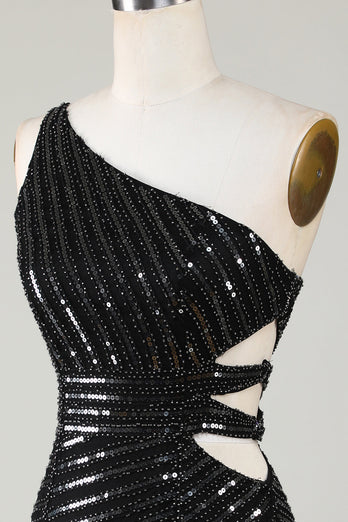 Sparkly Bodycon One Shoulder Black Sequins Short Prom Dress with Cut Out