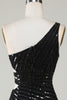 Load image into Gallery viewer, Sparkly Bodycon One Shoulder Black Sequins Short Prom Dress with Cut Out