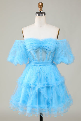 Cute A line Blue Tulle Off The Shoulder Short Prom Dress