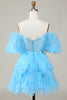 Load image into Gallery viewer, Cute A line Blue Tulle Off The Shoulder Short Prom Dress