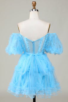 Cute A line Blue Tulle Off The Shoulder Short Prom Dress